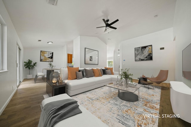 14556 Ryan Ln, Red Bluff, CA 96080 - living area with a ceiling fan, baseboards, wood finished floors, lofted ceiling, and visible vents