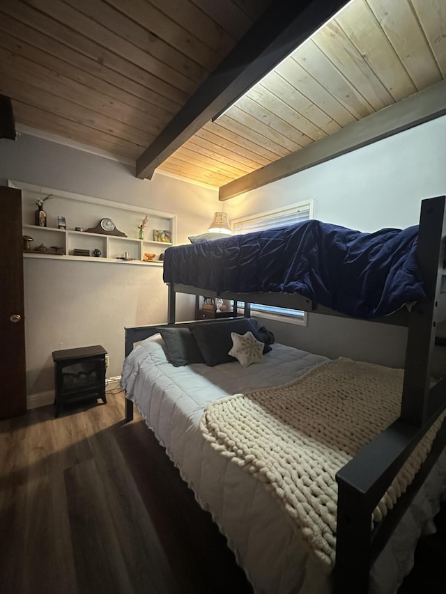 bedroom with a wood stove, wood ceiling, wood finished floors, and beam ceiling