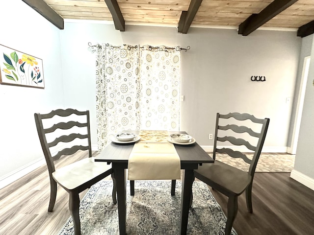 dining space featuring baseboards, wood ceiling, wood finished floors, and beam ceiling