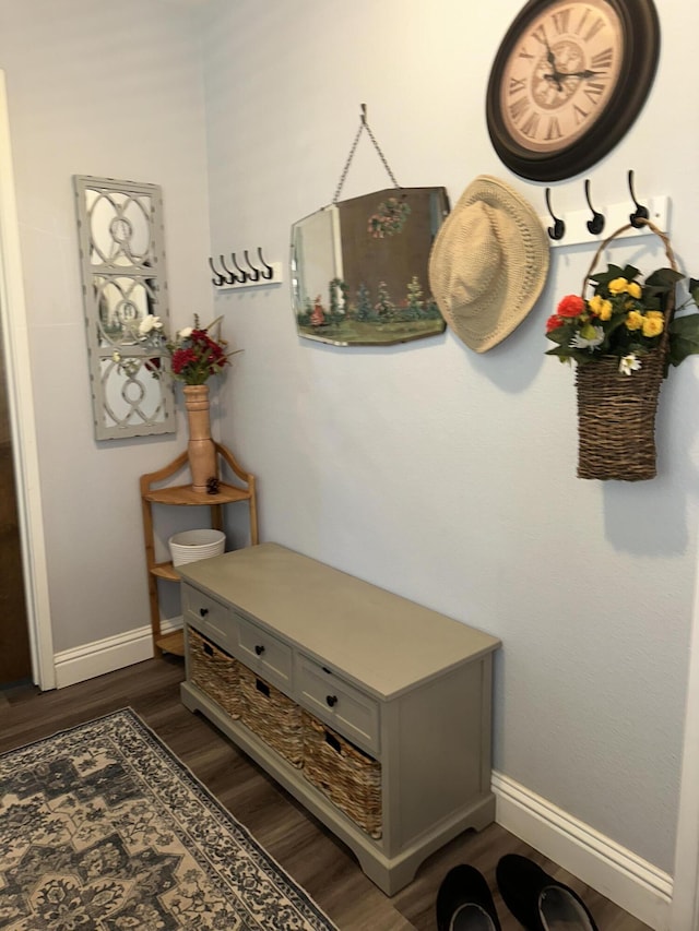 mudroom with dark wood-type flooring and baseboards
