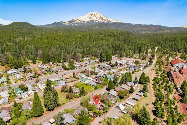 bird's eye view with a view of trees, a residential view, and a mountain view