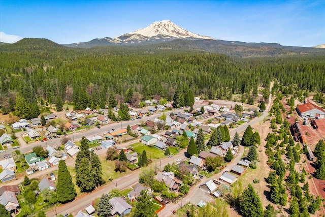 drone / aerial view with a mountain view, a residential view, and a view of trees
