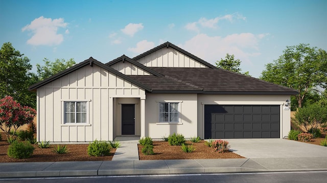 modern farmhouse style home featuring a garage, board and batten siding, and driveway