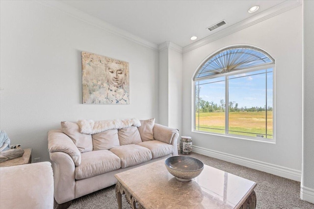living area with recessed lighting, baseboards, ornamental molding, visible vents, and carpet floors
