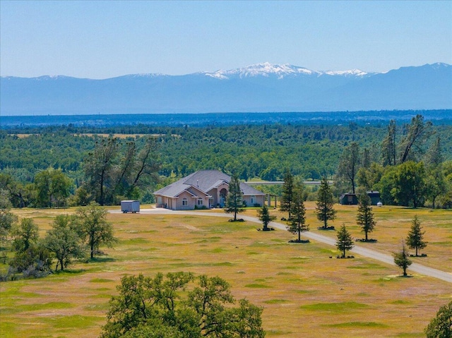 drone / aerial view featuring a mountain view and a view of trees