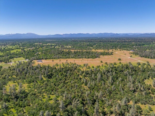 drone / aerial view featuring a mountain view and a wooded view