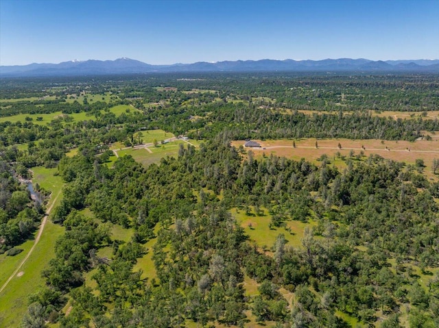 aerial view featuring a mountain view and a view of trees
