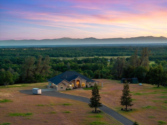 drone / aerial view featuring a wooded view and a mountain view