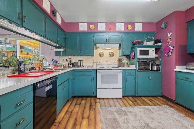 kitchen featuring extractor fan, light wood-style flooring, white electric range oven, and black dishwasher