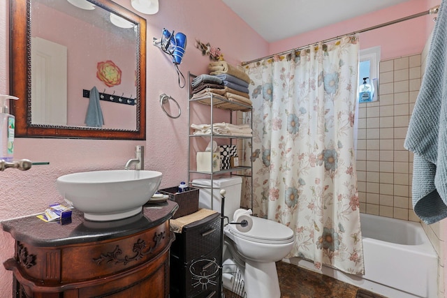 full bathroom with shower / bath combination with curtain, toilet, and vanity
