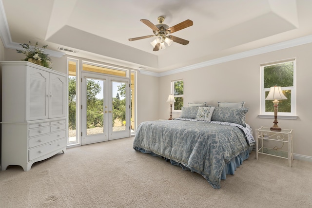 bedroom with a tray ceiling, carpet, visible vents, and access to exterior