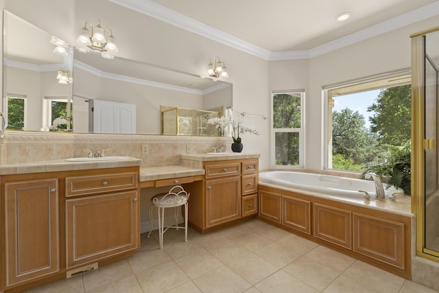 bathroom featuring a shower with shower door, vanity, tile patterned flooring, crown molding, and a bath