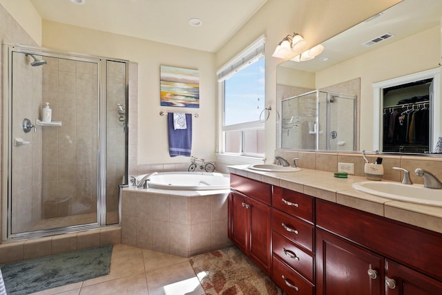 3776 Mario Ave, Redding, CA 96001 - full bathroom featuring a stall shower, visible vents, a sink, tile patterned floors, and a garden tub