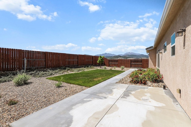 view of yard featuring a fenced backyard, a patio area, and a mountain view