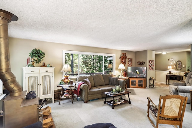 carpeted living area with a textured ceiling