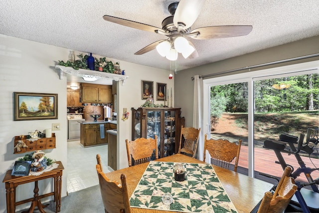 dining space featuring a textured ceiling and a ceiling fan
