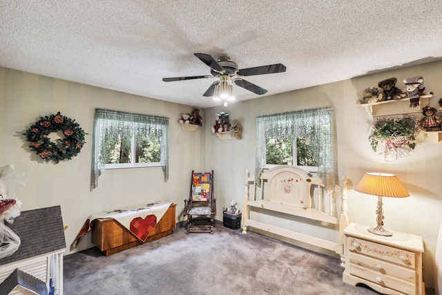 bedroom featuring multiple windows, carpet, a ceiling fan, and a textured ceiling