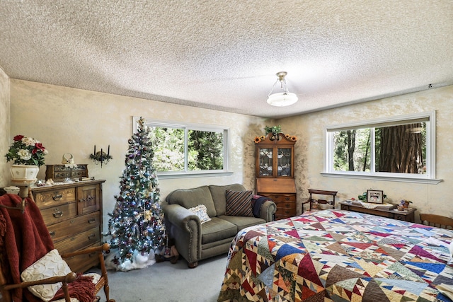 bedroom with carpet and a textured ceiling
