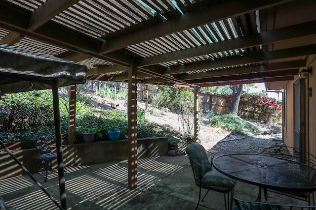 view of patio featuring a fenced backyard, a pergola, and outdoor dining space