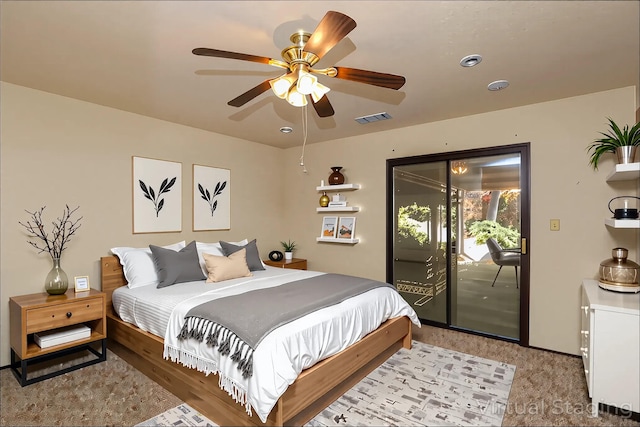 bedroom featuring access to exterior, ceiling fan, and recessed lighting