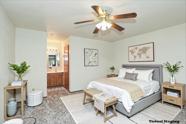 5663 Terra Linda Way, Redding, CA 96003 - bedroom featuring connected bathroom, a ceiling fan, and a sink