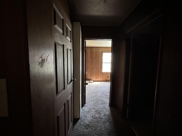 corridor with carpet and wood walls