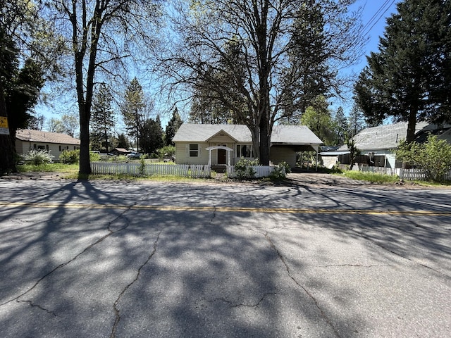 view of front of house with a fenced front yard and driveway