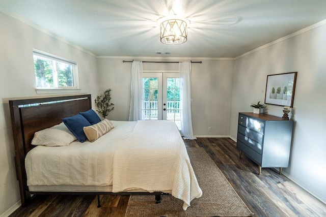 bedroom featuring french doors, access to outside, multiple windows, wood finished floors, and crown molding