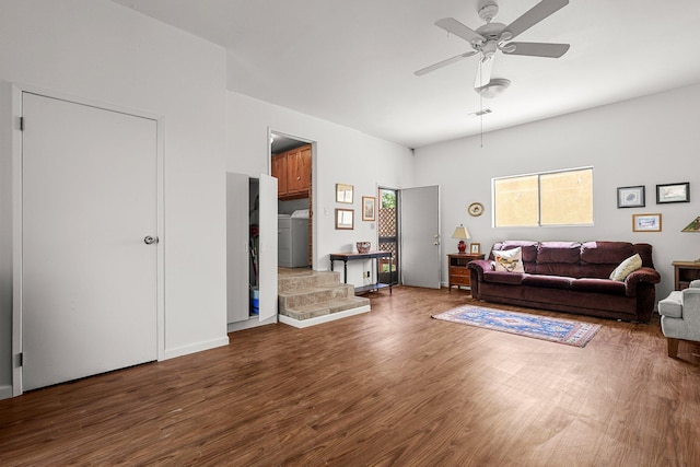 21030 Shangrila Dr, Red Bluff, CA 96080 - living area featuring wood finished floors, ceiling fan, and washer / clothes dryer