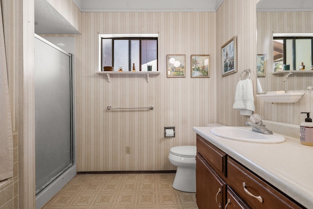 21030 Shangrila Dr, Red Bluff, CA 96080 - bathroom featuring vanity, a shower stall, tile patterned floors, toilet, and wallpapered walls