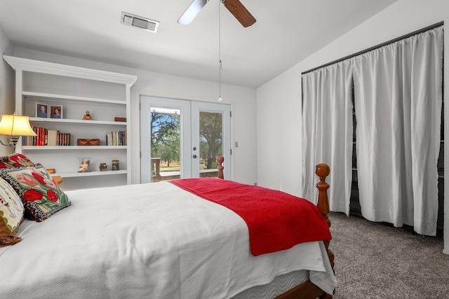 21030 Shangrila Dr, Red Bluff, CA 96080 - bedroom with access to exterior, french doors, carpet flooring, a ceiling fan, and lofted ceiling