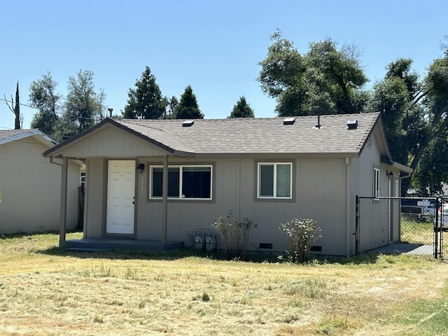 single story home with roof with shingles and crawl space