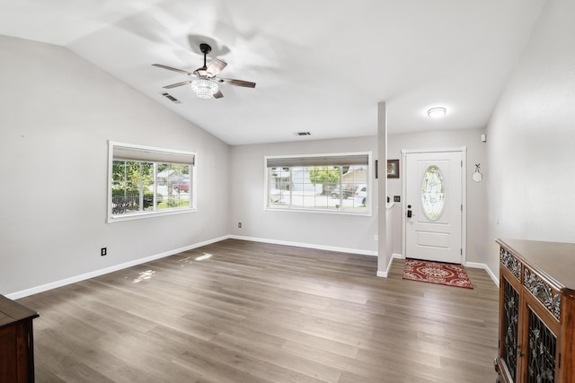 3268 Lyndsey Ln, Anderson, CA 96007 - entryway with vaulted ceiling, a ceiling fan, wood finished floors, and baseboards