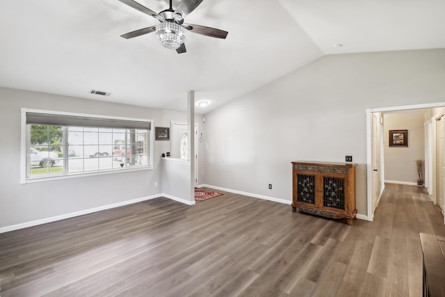 3268 Lyndsey Ln, Anderson, CA 96007 - unfurnished living room featuring a ceiling fan, wood finished floors, lofted ceiling, and baseboards