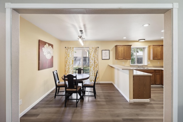 3268 Lyndsey Ln, Anderson, CA 96007 - dining space featuring dark wood-type flooring, baseboards, and recessed lighting