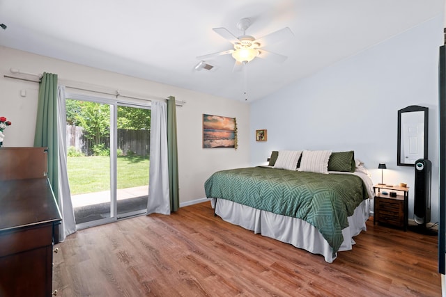 1946 Jeanae Ct, Redding, CA 96002 - bedroom with access to exterior, wood finished floors, baseboards, a ceiling fan, and lofted ceiling