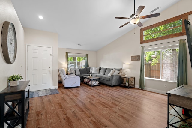 1946 Jeanae Ct, Redding, CA 96002 - living room with wood finished floors, ceiling fan, baseboards, lofted ceiling, and recessed lighting