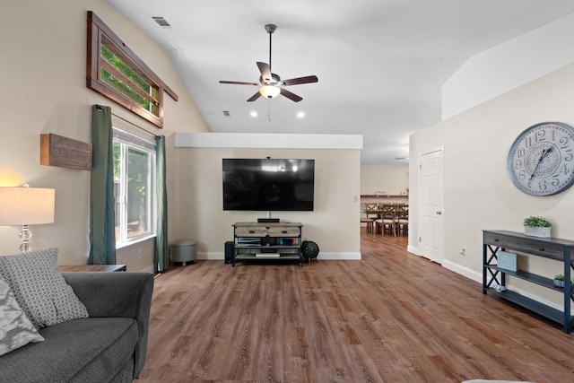 1946 Jeanae Ct, Redding, CA 96002 - living room featuring vaulted ceiling, a ceiling fan, wood finished floors, baseboards, and recessed lighting