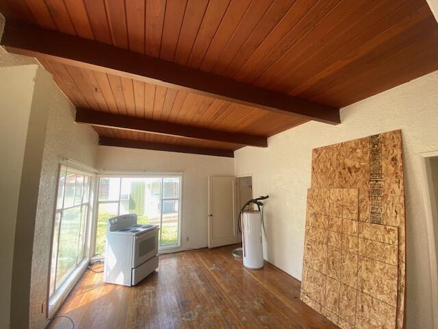 interior space with wooden ceiling and hardwood / wood-style floors