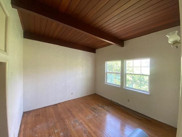 unfurnished room with wood finished floors and wood ceiling