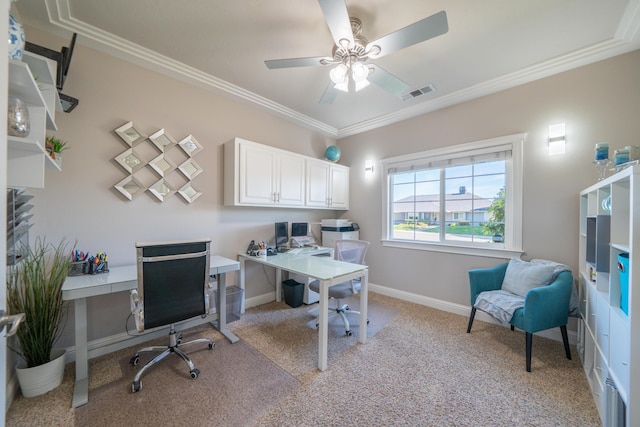 office with light carpet, crown molding, a ceiling fan, and baseboards