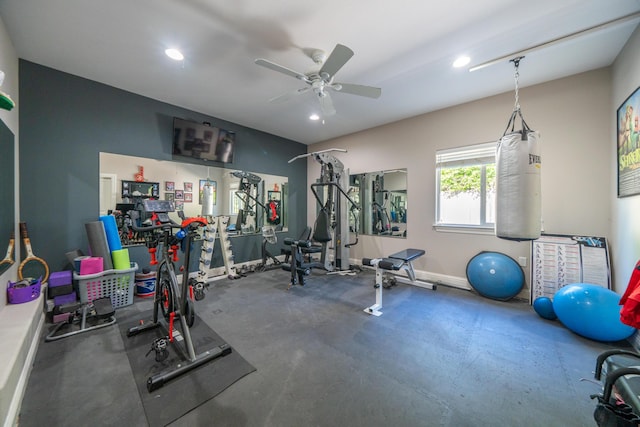 workout area with a ceiling fan and recessed lighting