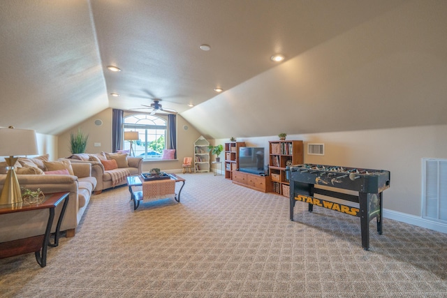 rec room featuring lofted ceiling, carpet floors, a ceiling fan, baseboards, and recessed lighting