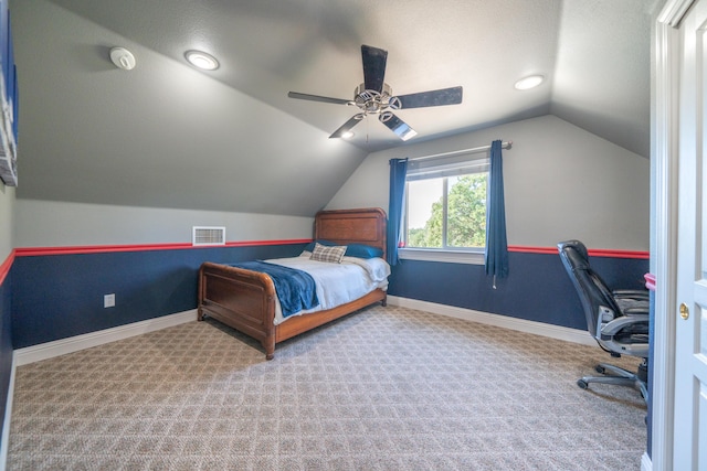 carpeted bedroom with vaulted ceiling, baseboards, ceiling fan, and recessed lighting