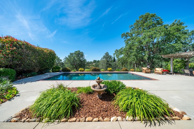 view of pool featuring a pergola, fence, and a patio area