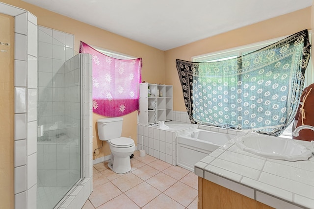 8686 Bell Springs Rd, Garberville, CA 95542 - bathroom with a shower stall, tile patterned flooring, toilet, a garden tub, and vanity