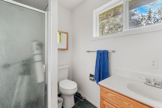 8686 Bell Springs Rd, Garberville, CA 95542 - full bath featuring toilet, a shower stall, tile patterned floors, and vanity