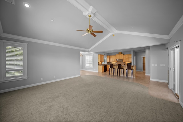 831 Santa Cruz Dr, Redding, CA 96003 - living room with baseboards, a ceiling fan, light colored carpet, recessed lighting, and crown molding