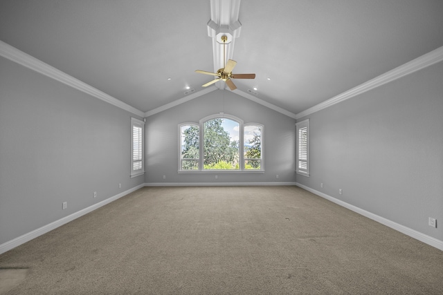 831 Santa Cruz Dr, Redding, CA 96003 - empty room with baseboards, a ceiling fan, light colored carpet, ornamental molding, and vaulted ceiling