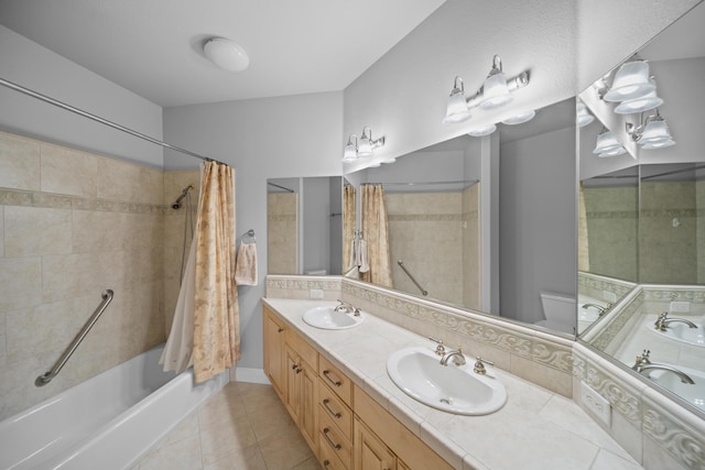 831 Santa Cruz Dr, Redding, CA 96003 - full bathroom featuring tile patterned flooring, double vanity, shower / bath combo, and toilet